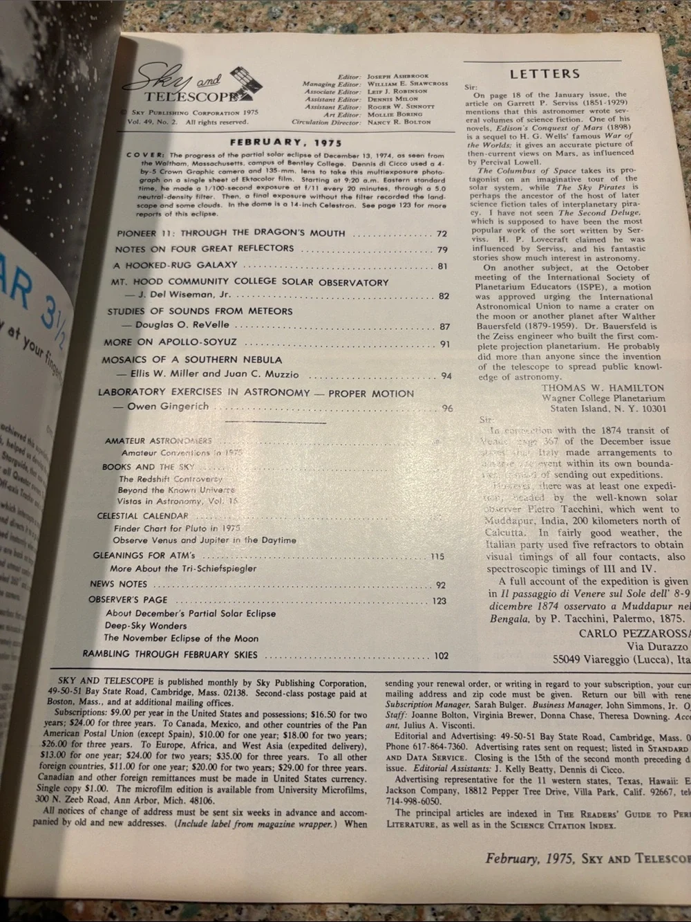 February 1975 issue (Vol. 49, No. 2) of Sky & Telescope Magazine